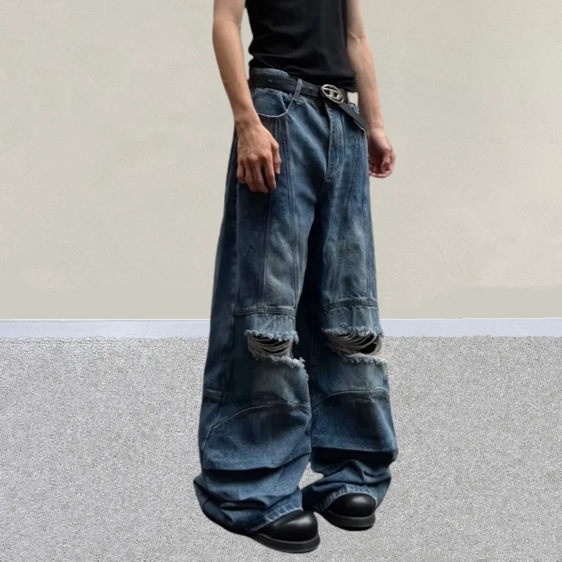 2026 Y2K Grunge Vintage Blaue Baggy Plissierte Zerrissene Gestapelte Jeans Herrenbekleidung Distressed Denim Hosen Pantalon Homme – Detail 11