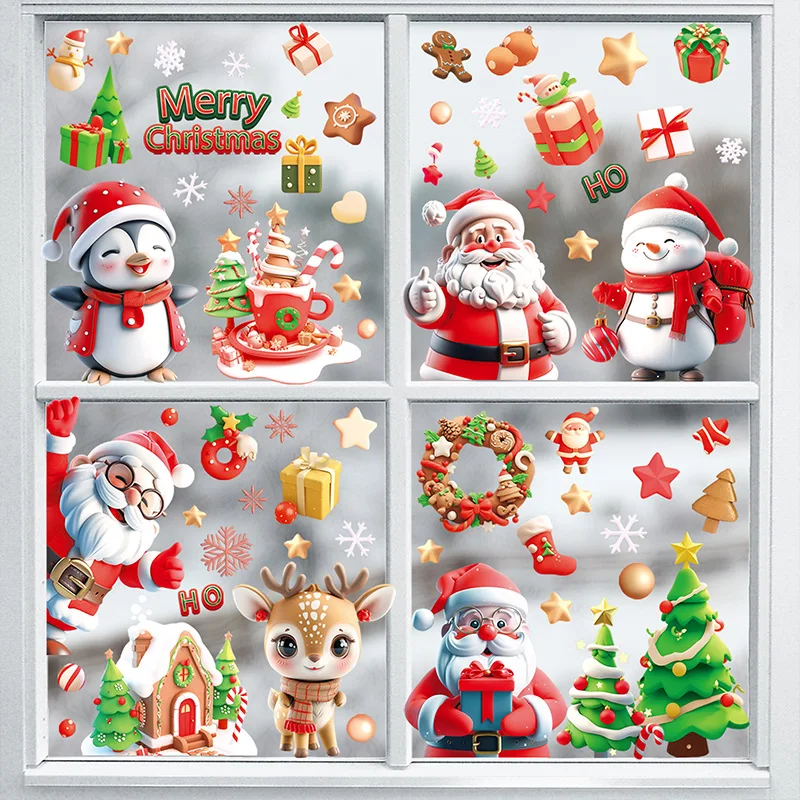 Electrostatic Christmas Window Stickers Reindeer Santa Claus Double Sided Printing Wall Sticker Christmas Party Home Decorations