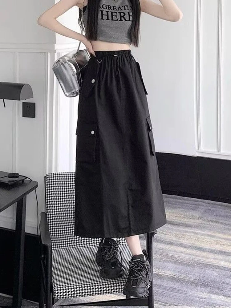 Zoki Y2K Retro Cargo Skirt Women High Waist American Streetwear Midi Skirts Harajuku Hip Hop Lady Drawstring All Match Skirt New