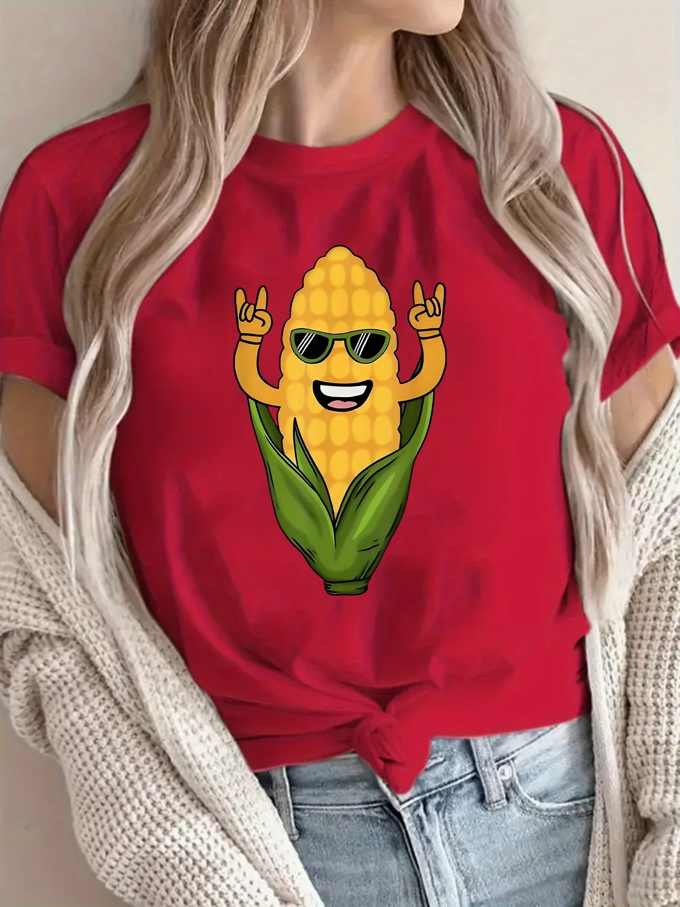 تي شيرت نسائي كاجوال برقبة دائرية بنمط الذرة المرح. بلوزة مريحة بأكمام قصيرة لملابس غير رسمية. تي شيرت يومي. #6