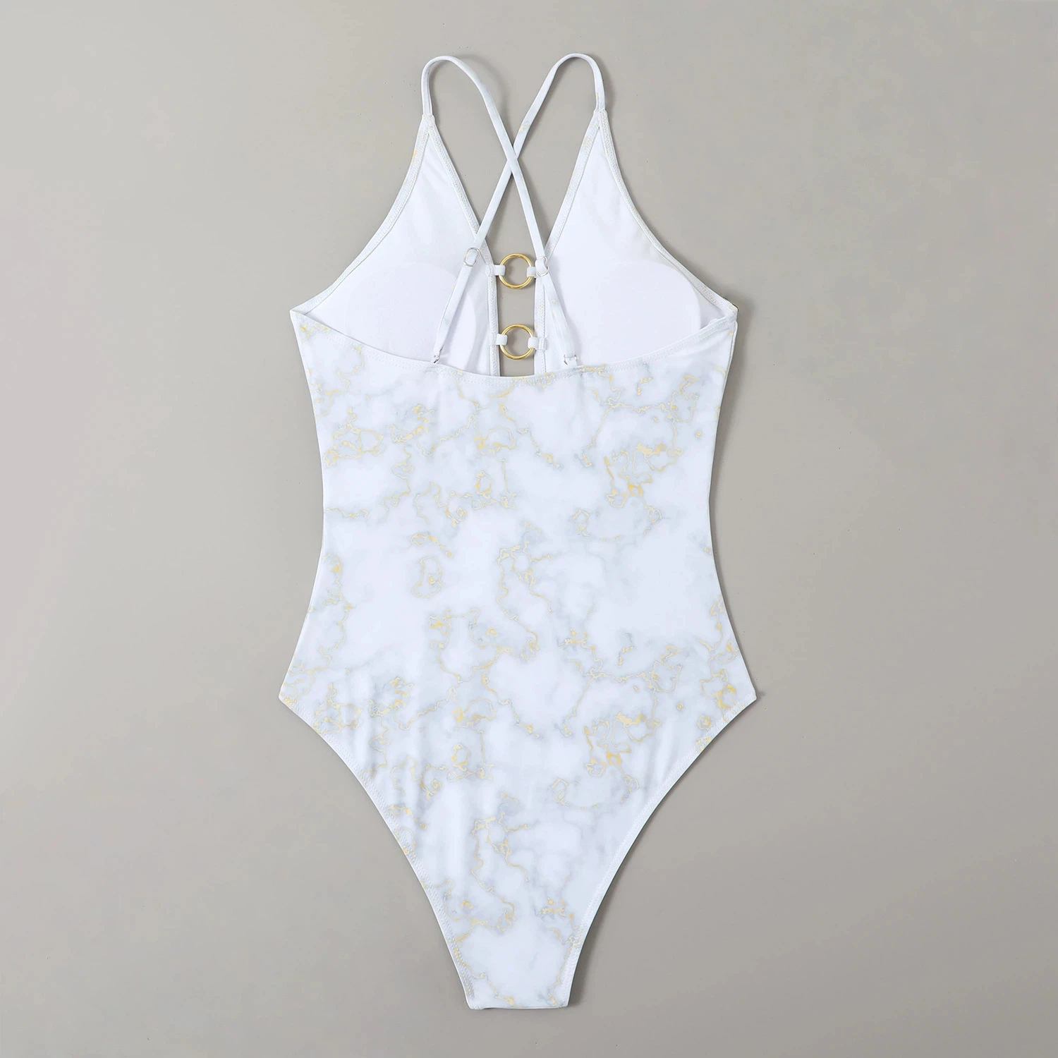 Marble Print Crisscross One Piece Swimsuit for Women 2025 Gold Ring Tummy Control Swimsuit Push Up Bathing Suit Beach Vacation
