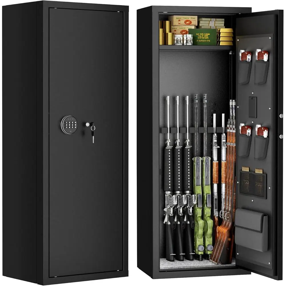 Fireproof Rifle and Pistol Safe with Digital Lock, Adjustable Shelves, and Handgun Pockets for Home Security