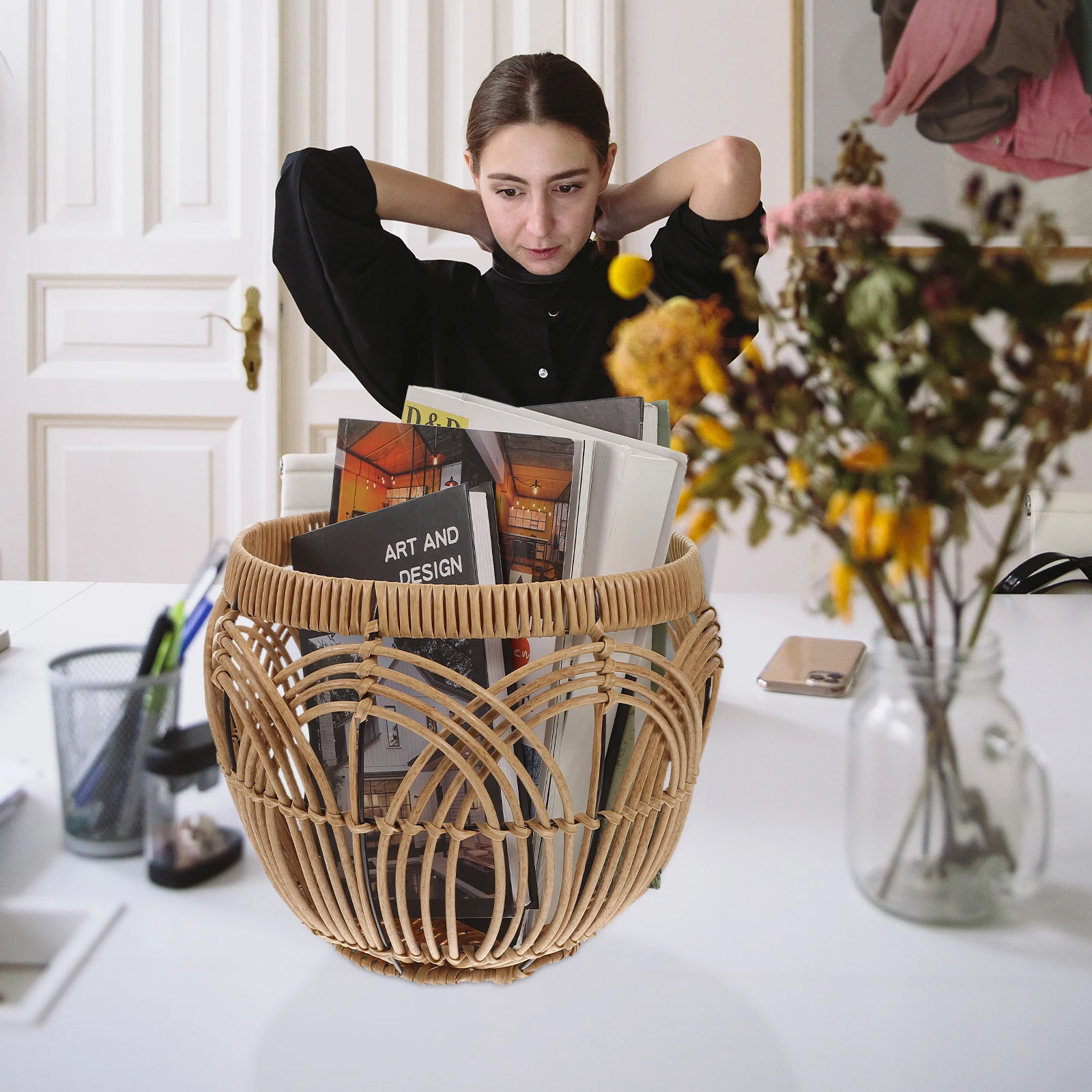 

Storage Basket Imitation Rattan Woven Organizer Fruit Snacks Storage Baskets Desktop Office Home Use PP Foldable for School