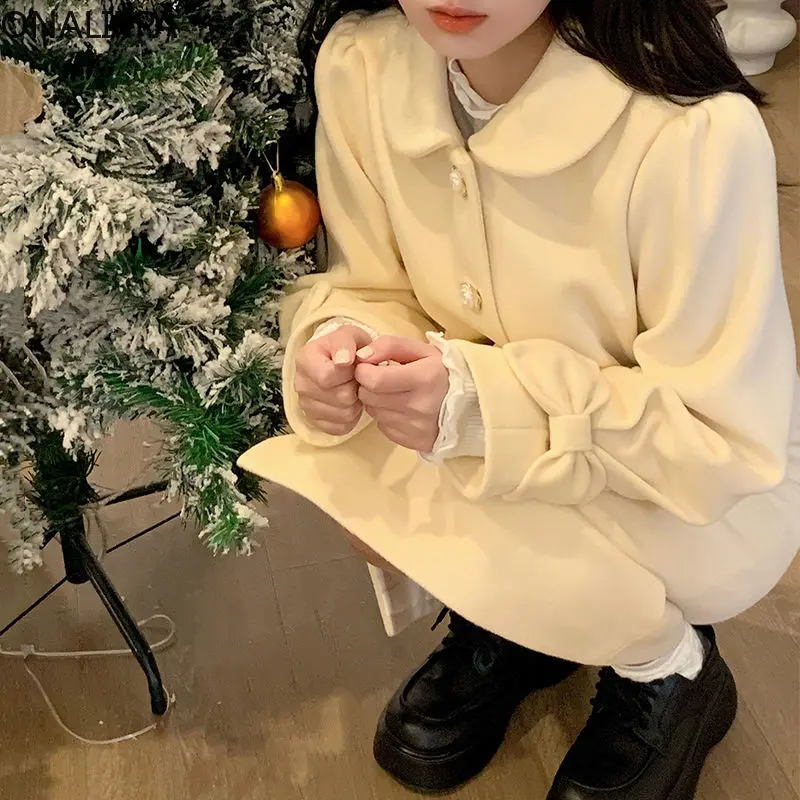 Onalippa Sweet Flower Buttons Bows Jacket Women Solid Peter Pan Collar Kawaii Coats Korean Gentle Wind Puff Long Sleeves Coat