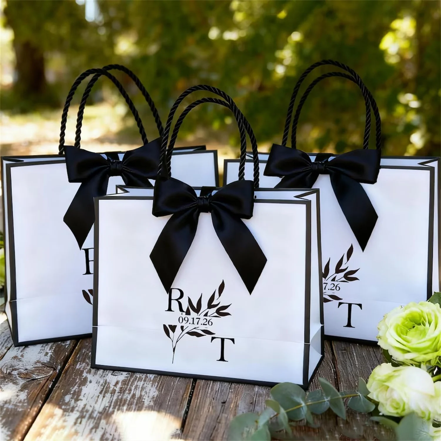 Chic Black and Gold Wedding Welcome Bag with satin ribbon handles and your names - Welcome to Our Wedding - Elegant favors for g view 2