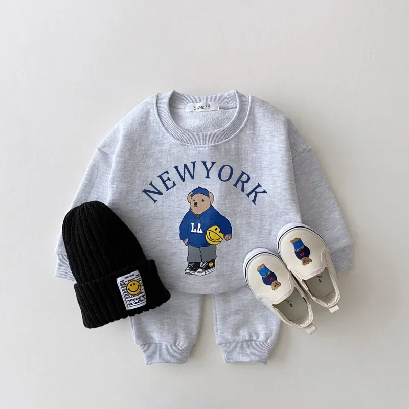 Ensemble de Vêtements pour Bébé Garçon et Fille, Pull en Forme d'Ours, PVD +, Pantalon de dehors en Coton Solide Simple, 2 Pièces, Nouvelle Collection