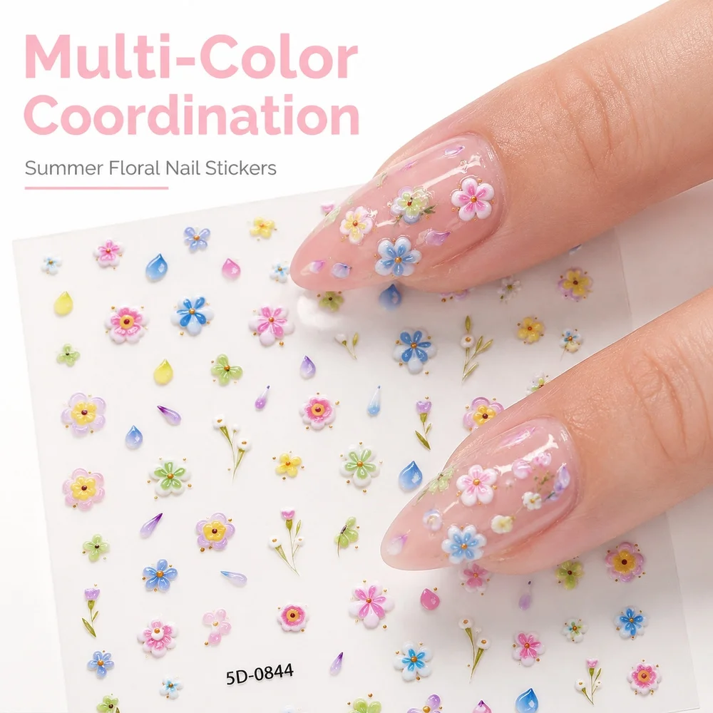 1Pc Y2K Pastel Summer Nail Decals 5D Raised Tiny Daisy Floral Pattern Waterproof Single Sheet Self Stick Sticker