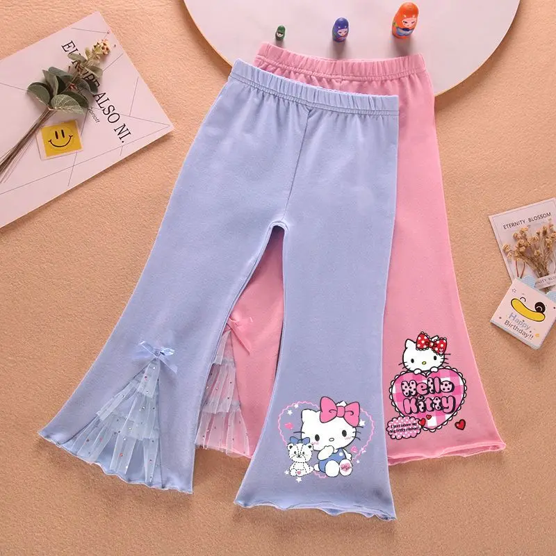 Sanrio Hello Kitty Girls Pants Cartoon Fashion Sweet Cute Bell Bottoms Spring Autumn Casual Childrens Lace Elastic Waist Slim