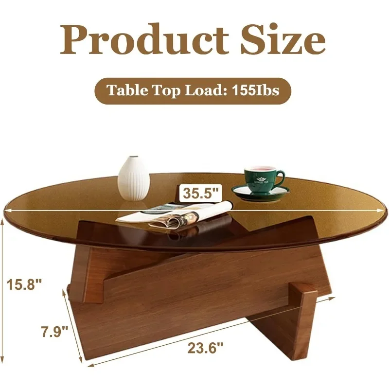 

Coffee Table, Round Coffee Table for Living Room Modern Glass Coffee Table with Solid Wood Legs