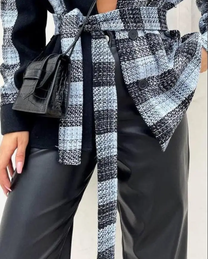 Checkered Printed Color Blocking Button Flipped Tie with Waistband Front Buckle Cinched Waist Design Long Sleeved Women's Jacket