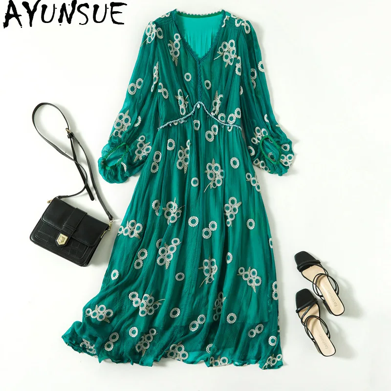 

AYUNSUE 100% Mulberry Silk Women's Dresses V-Neck Floral Elegant Dresses for Woman Clothes Spring Summer Long Dress Jupe Femmes