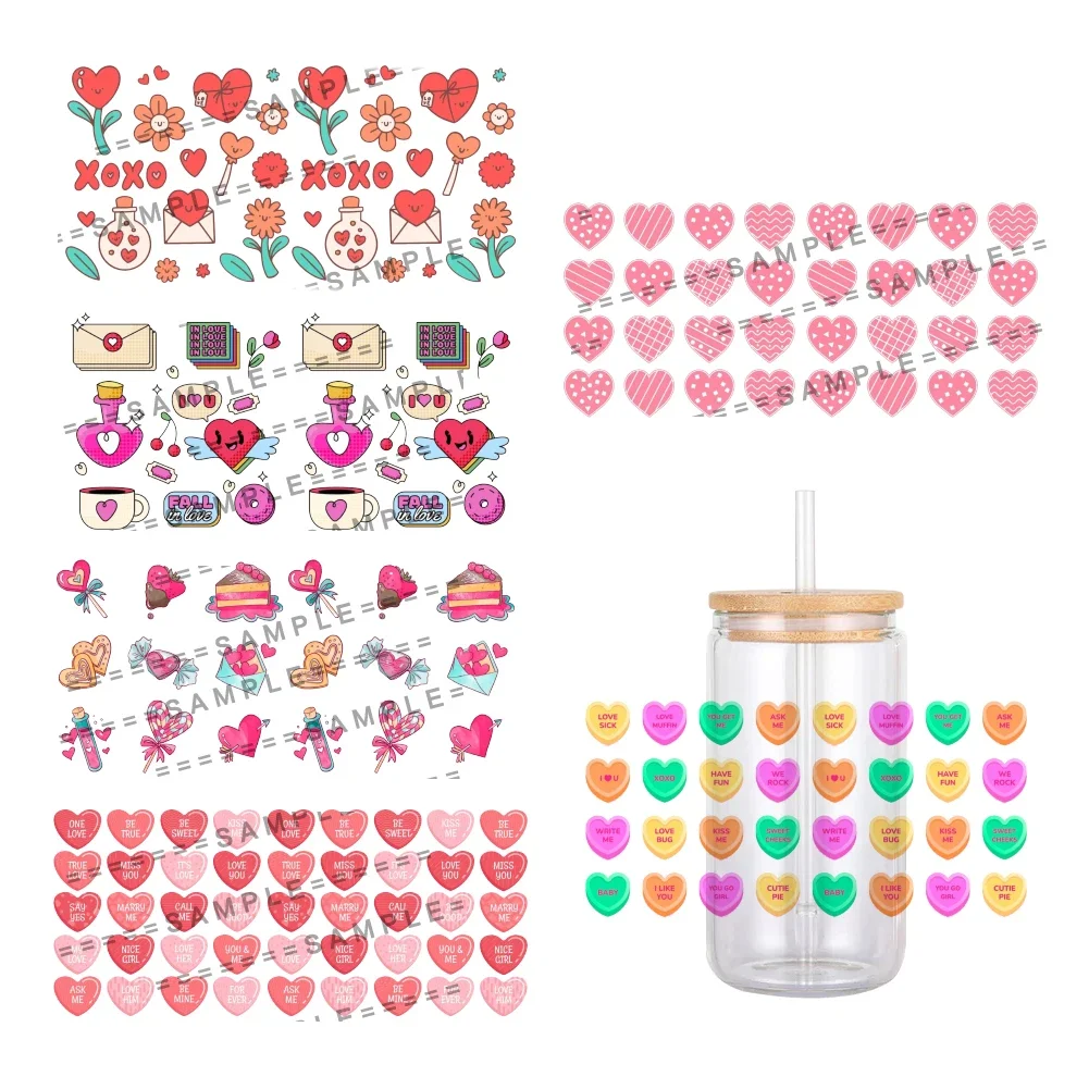 11x24cm Mini Sweet Love Heart Pattern Valentine's Day UV DTF Transfer Sticker Waterproof For 16oz Glass Cup Wrap Stickers