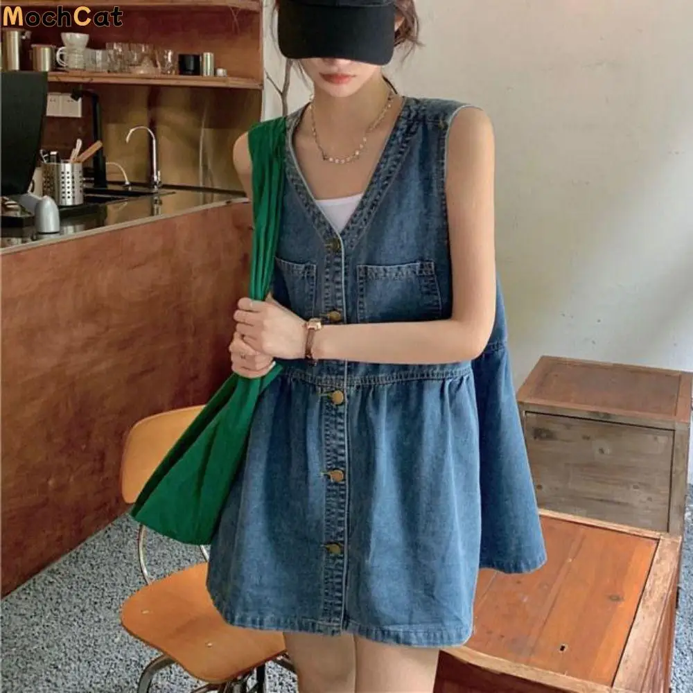 

Sweet High Waisted Cowboy Strap Dress V-neck Loose Denim Camisole Dress Single Breasted Retro Sleeveless Short Dress Club