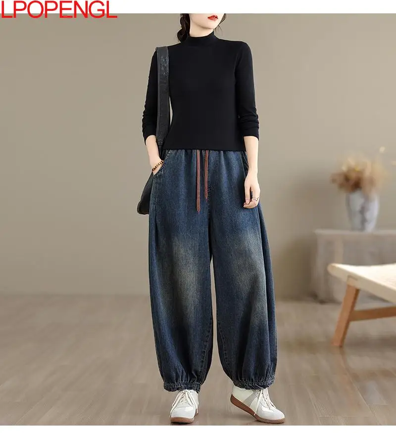 Damskie spodnie typu bloomers z denimu na jesień i zimę 2025, retro, sprane, ze sznurkiem, wiązane, plisowane, z wysokim stanem, codzienne, streetwearowe, haremki.