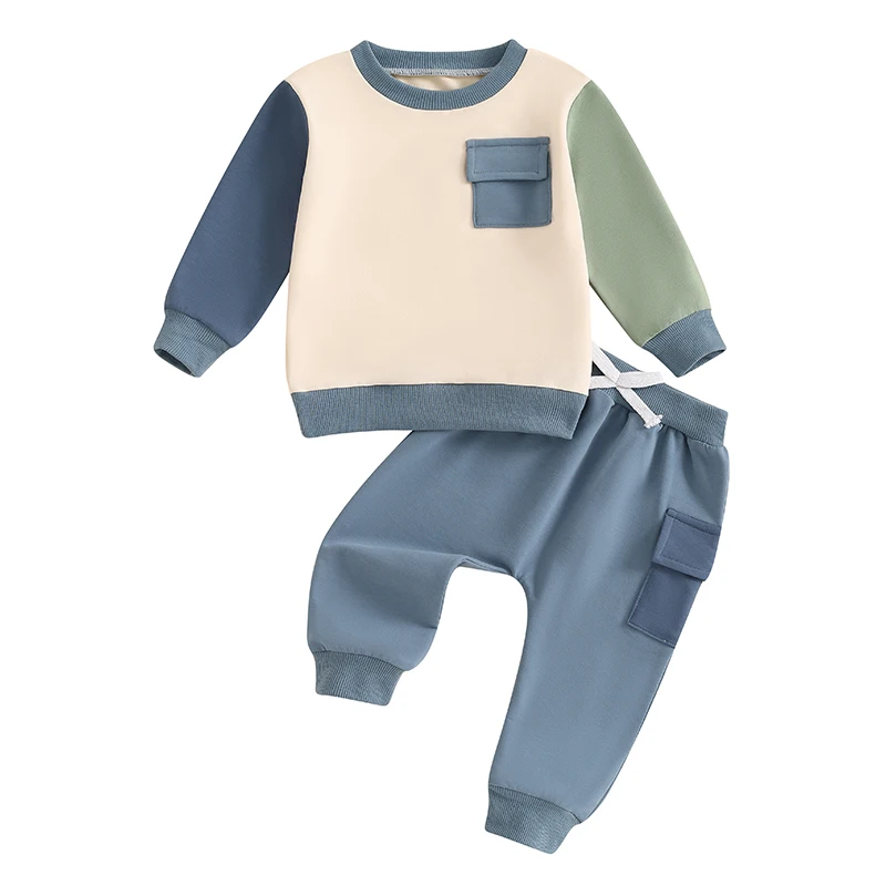 

Toddler Baby Boy Fall Outfit Patchwork Color Block Long Sleeve Sweatshirt Tops Elastic Waist Pants Set 2Pcs Clothes