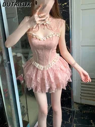 French Sweet Design Pink Slimming Fishbone Tube Top All-Match Lace Floral Short Gauze Skirt Two-Piece Set for Women Summer