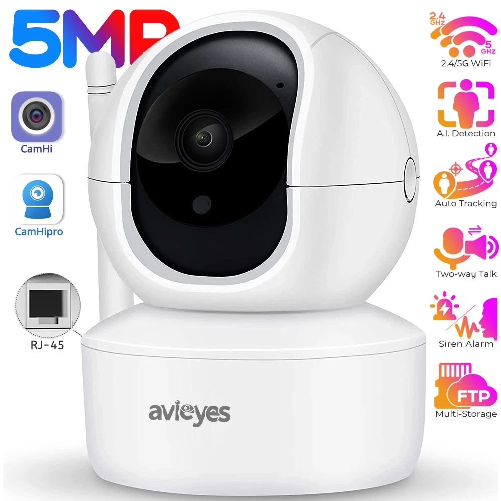 5MP Pan-Tilt WiFi IP Camera Indoor Humanoid Tracking PTZ Camera 2-way Talk Home Security CCTV Surveillance Cameras with LAN Port