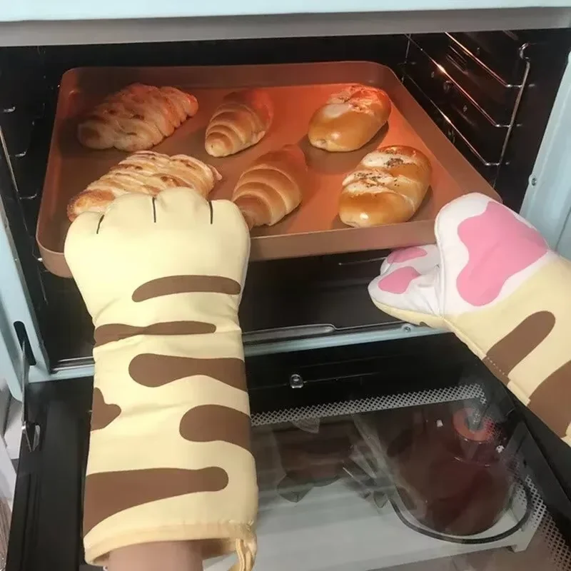 Lange Baumwollhandschuhe mit Mikrowellenmotiv, niedliche Katzenpfoten, Ofen-Isolierhandschuhe, hitzebeständig, rutschfest, Einzelhandschuh, Küchen-Backzubehör