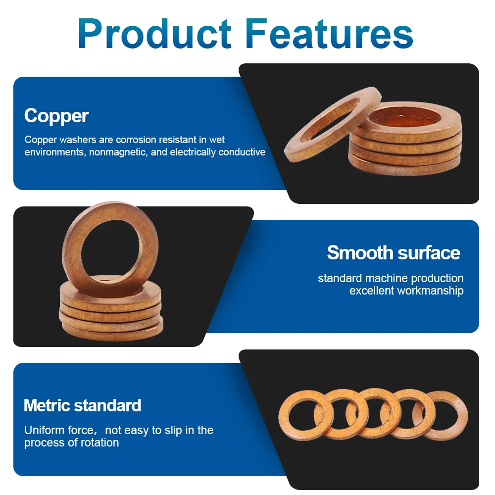 NINDEJIN Copper Flat Washer M5 M6 M8 M10 M12 M14 M16 M18 M20 M22 M24 M27 M30 M33 M36 Plain Washer Flat Gaskets for Screw Bolt