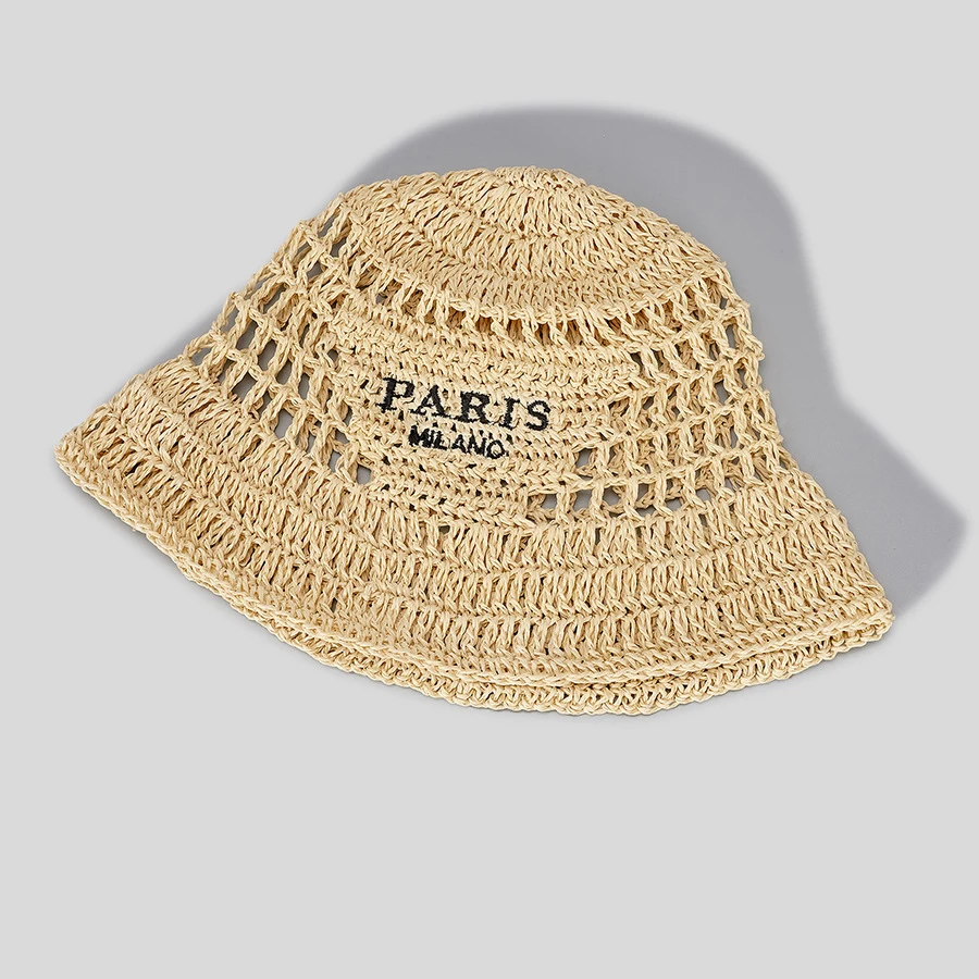 Hollow Out Straw Handmade Weave Beanies Bucket Hat For Woman Embroidery Letter Country Style Summer Accessories Beach Sun Visor