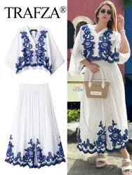 TRAFZA Women Blue Floral Embroidery Blouse Skirts Sets V Neck Loose Long Sleeve Shirt Elastic Waist Midi Skirt Streetwear Suit