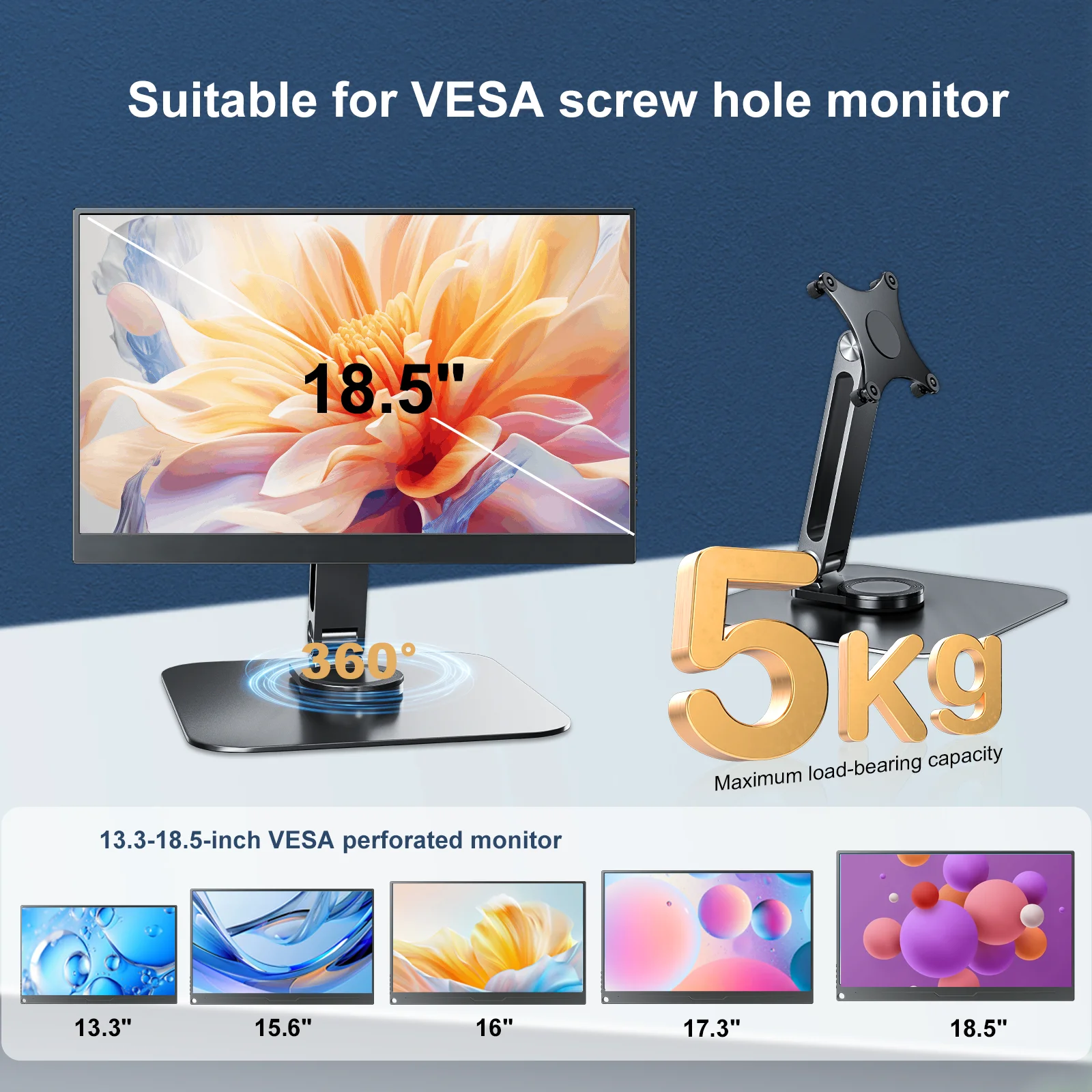 360° Stand for Portable Monitor VESA 75MMX75MM Bracket Aluminum Alloy Desktop Holder 3KG Load Capacity Ultra Stable for Monitor