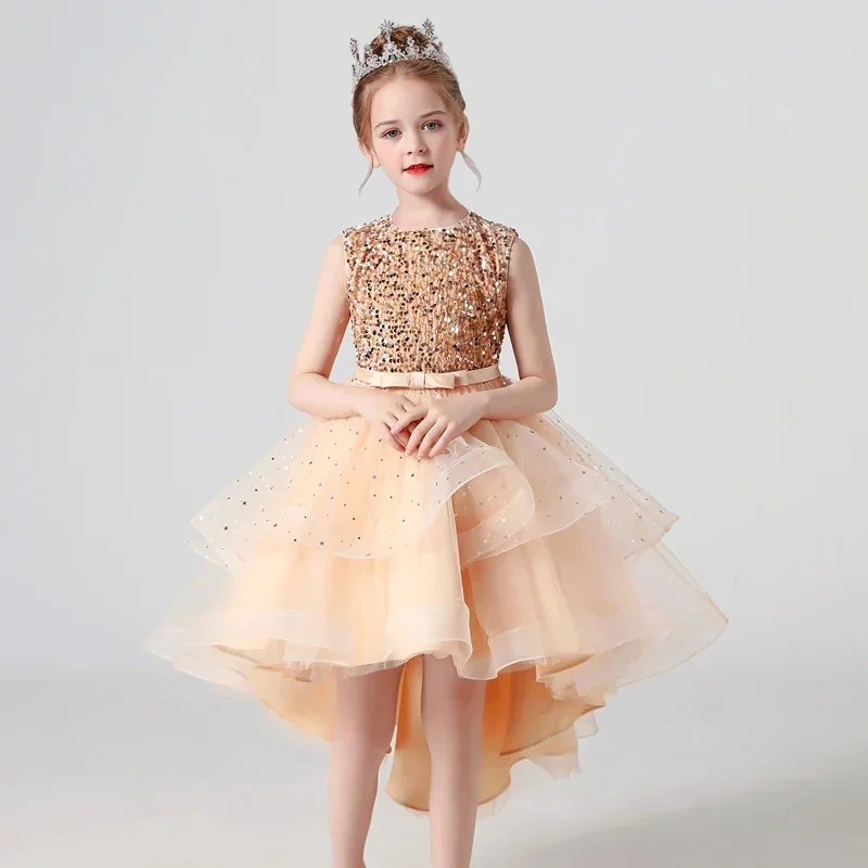 Girls Dress 2024 Summer New Evening Dresses Sleeveless Sequined One-Piece Princess Tail Skirt For Piano Performance