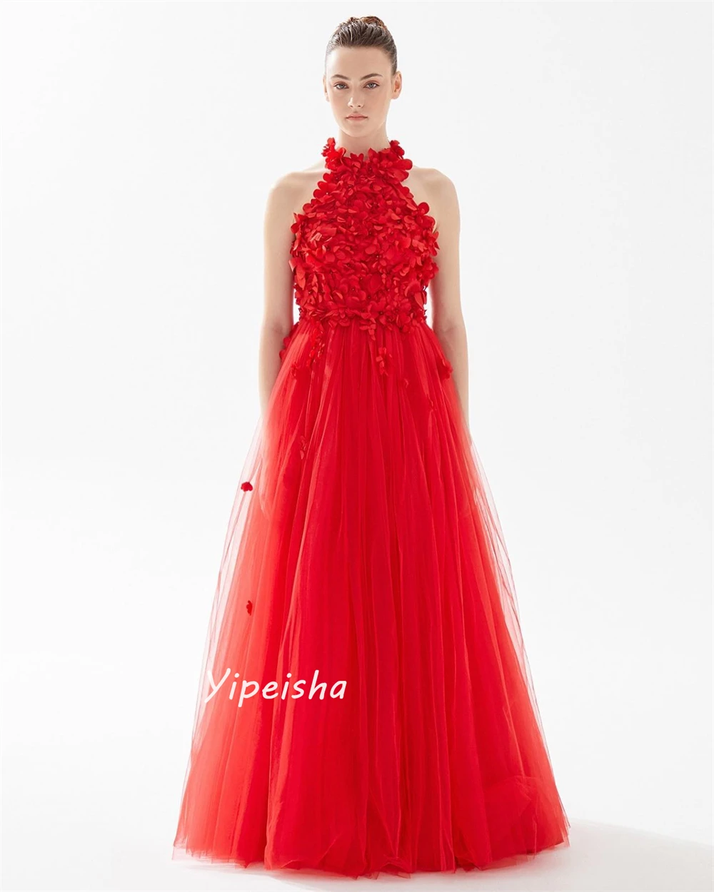 Yipeisha-requintado vestido de baile Halter, Beading Flower, drapeado até o chão, Net Tulle Prom Dresses