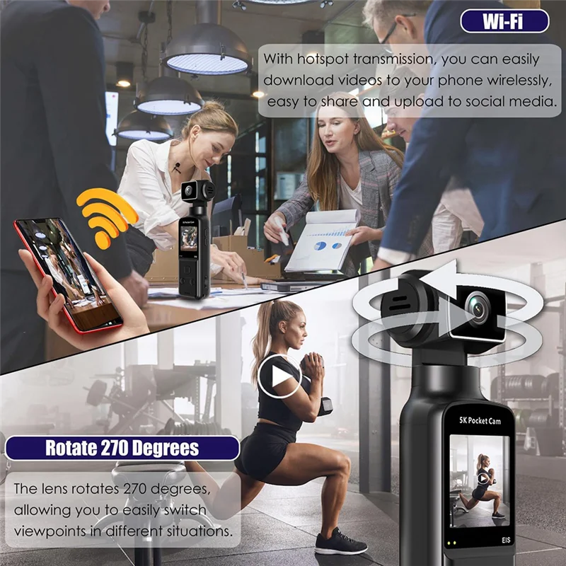 【T07A】كاميرا رقمية بحجم الجيب 5K مع ميكروفون خارجي 270 °   تدوير وظيفة تسجيل الفيديو واي فاي للدراجة الرياضية الخارجية T