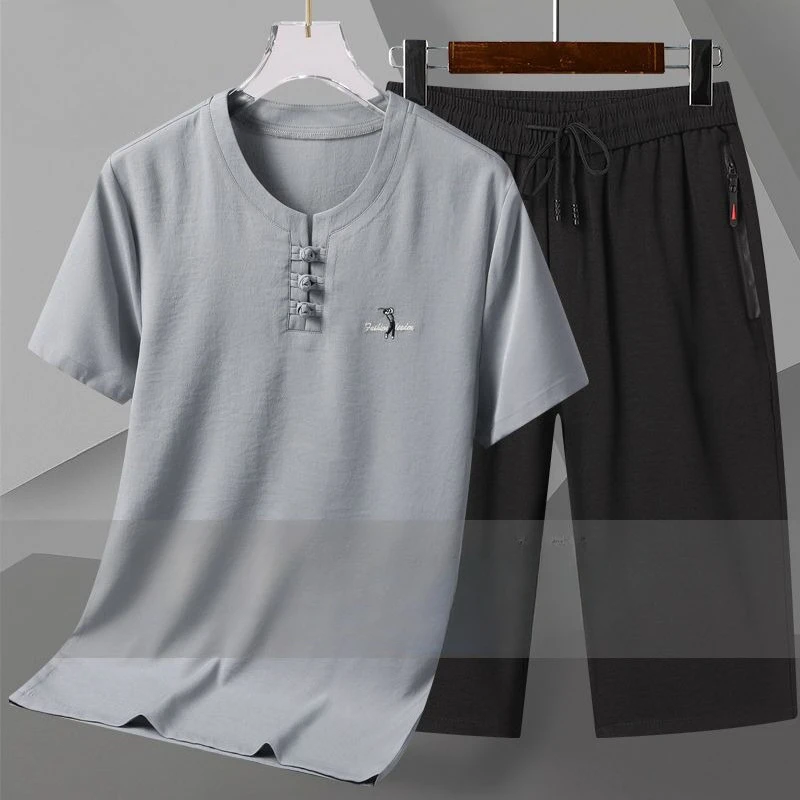 Men's Spring Summer Suit Short Sleeve Shorts Seven Pants Ice Silk Breathable Pure Color Simple Comfortable Versatile Slimming