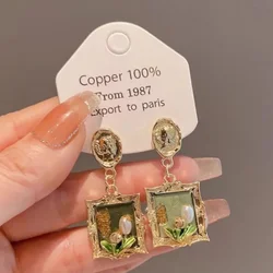 MIEMIEE Antique Style Pearl Earrings Oil Painting Frame Flowers Fashion Girls Earrings Fine Personality Retro Accessories