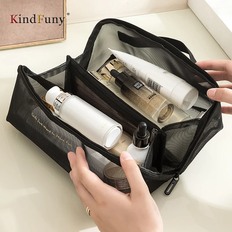 KindFuny Large Mesh Makeup Bag Foldable Transparent Women Cosmetics Separate Wash Bag Underwear Organization Storage Bag Travel