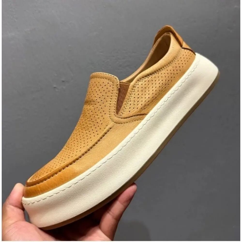 

Caramel Yellow Perforated Leather Loafers, slip-on design with lightweight thick sole,