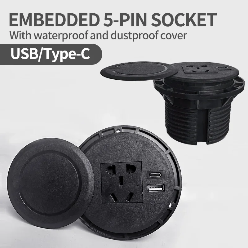 

Office desk hidden socket multi-function with 5-pin USB Type-C socket with recessed desktop plug round socket