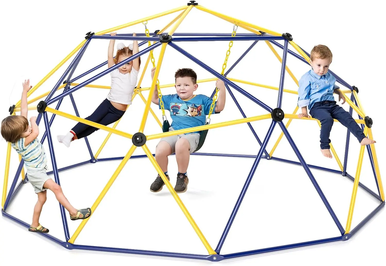 Kids Climbing Dome with Swing, 10FT Kids Jungle Gym Monkey Bar Climbing Toys for Outdoor, Holds up to 800 lbs, Indoor Geometric