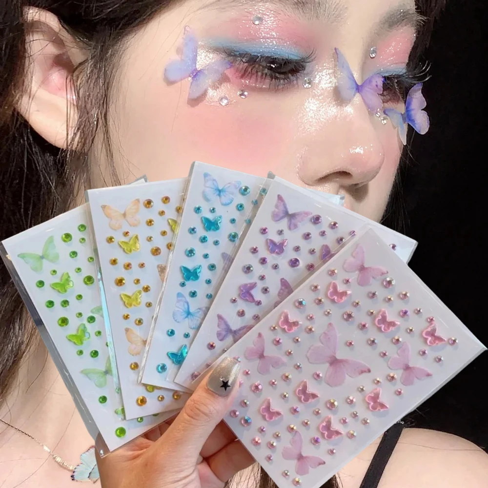 

5/1Sheet Butterfly Crystal Diamond Sticker Self Adhesive DIY Facial Temporary Tattoos Stickers for Stage Daily Makeup Decoration