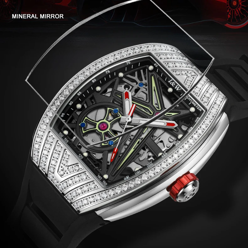 I&W Men Automatic Watch Luxury 43*51mm Tonneau Mechanical Wristwatch 50m Waterproof Luminous Hollow Out Dial Zircon Bezel