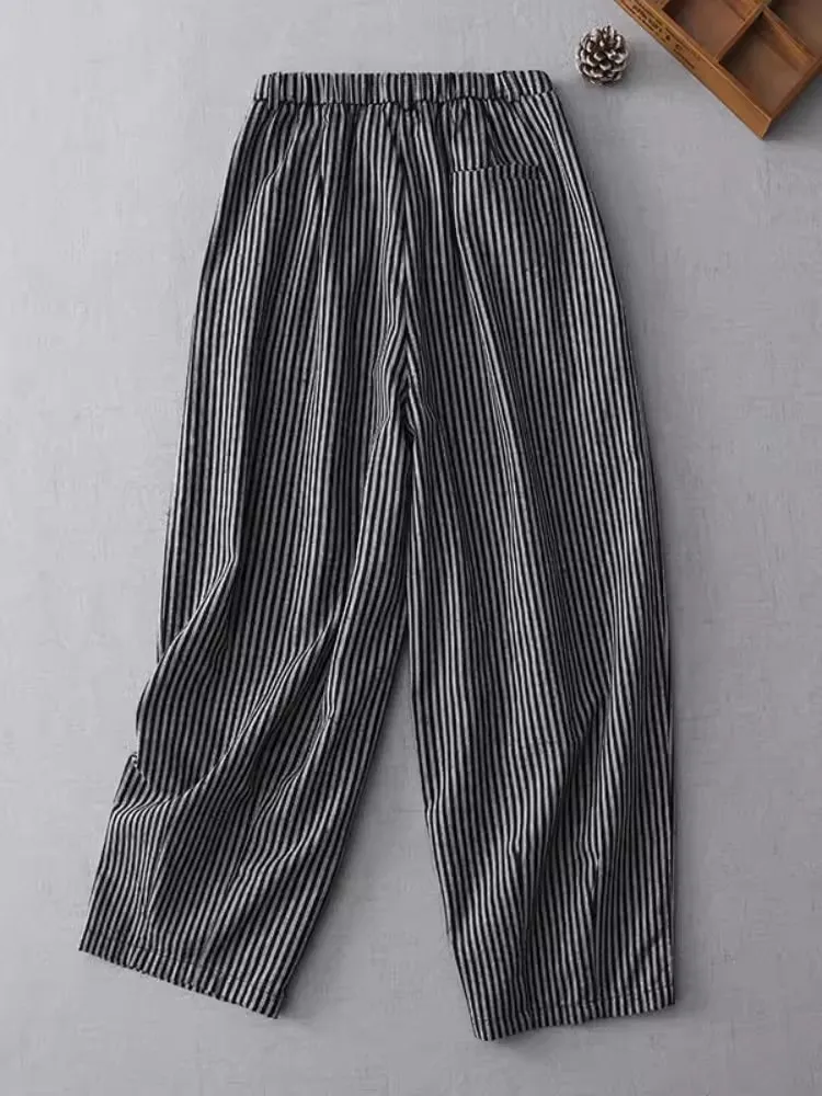 Pantalones de pierna ancha a rayas Vintage para mujer, pantalones bombachos holgados informales con cintura elástica, hasta el tobillo, novedad de otoño, 2024