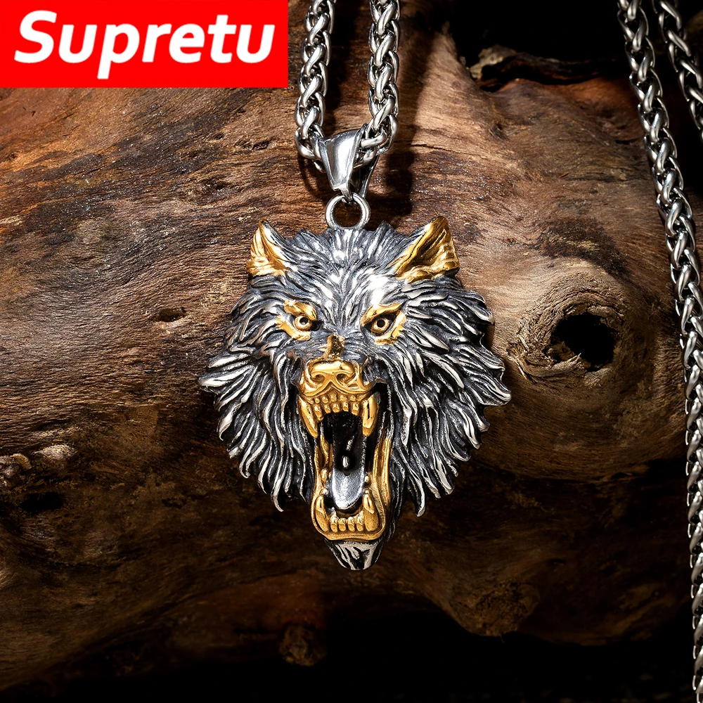 Collares de cabeza de lobo vikingos Punk de acero inoxidable, amuleto colgante de lobo nórdico Vintage de Odin, amuleto para hombres, joyería de cuerda de cuero genuino