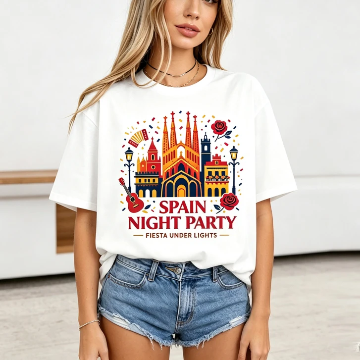 Spanish Fiesta Night Party Graphic Tshirt City Building Rose Guitar Design Casual Tee Cotton Unisex Y2k Top Summer