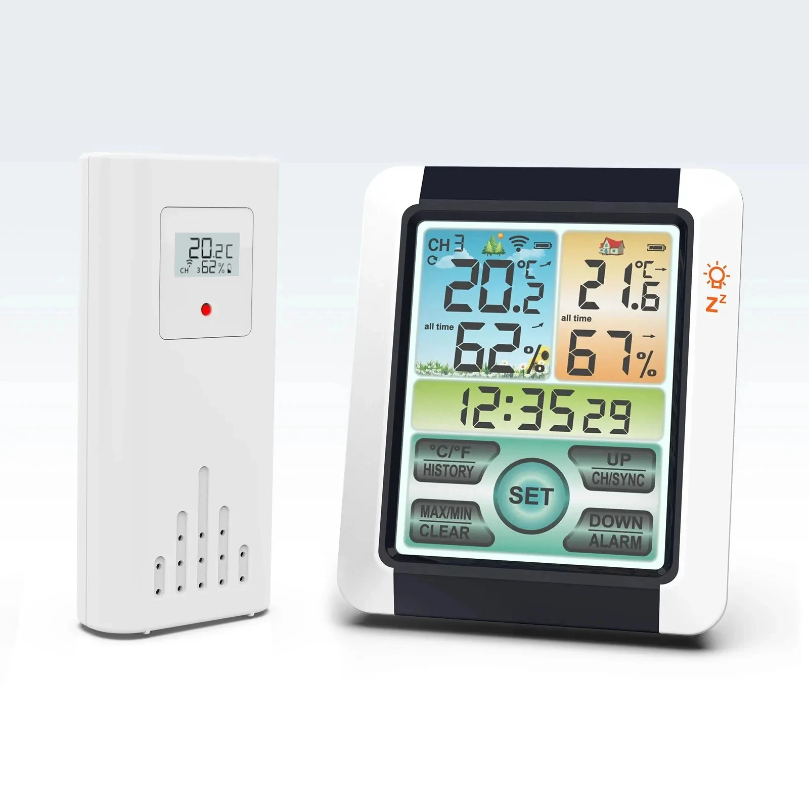 1 Set Indoor and Outdoor Wireless Temperature and Humidity Meter Color Large Screen Weather Clock LCD Touch Screen Display