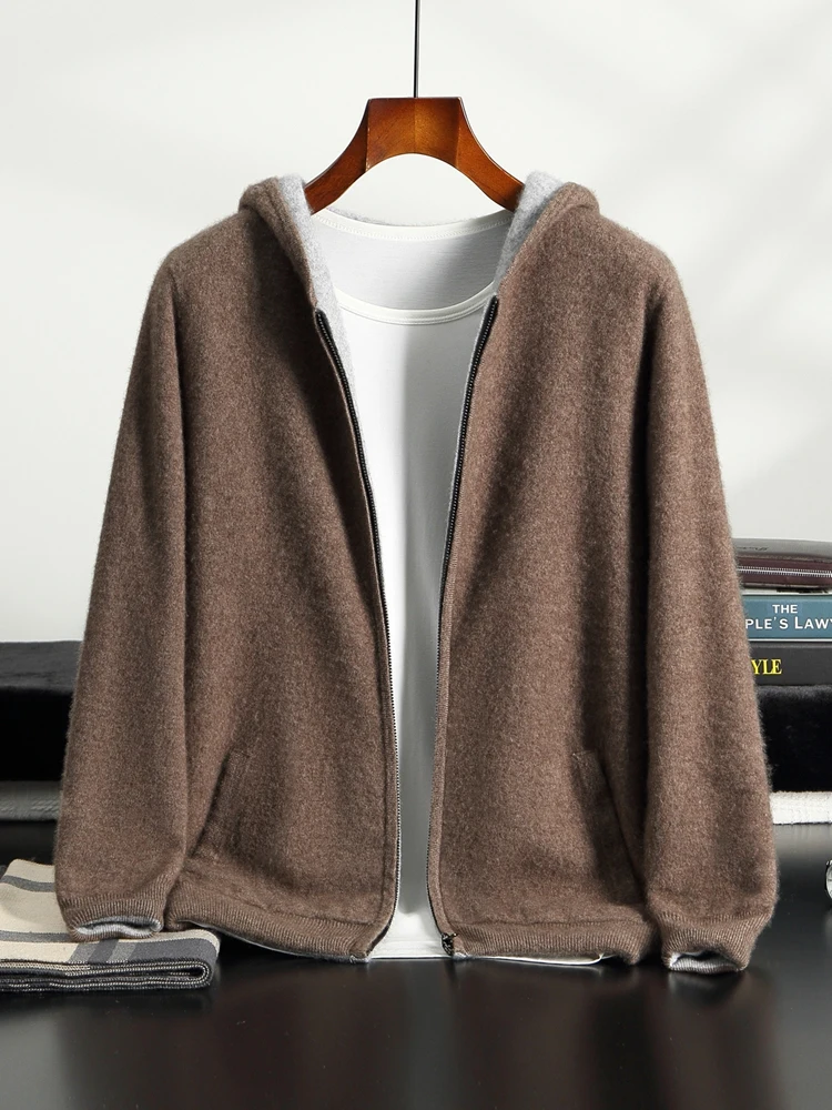 

MEETCC Men's Cashmere Hooded Cardigan Autumn Winter Thicked Double Side Wear Jacket Warm Sport Casual Sweater 100% Cashmere