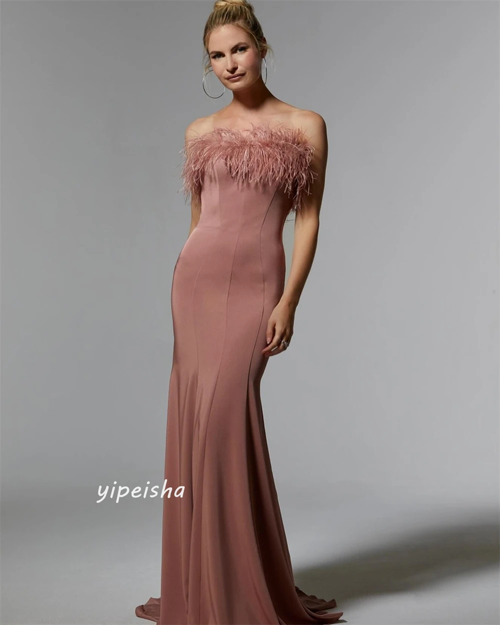 Jiayigong-Strapless Andar de comprimento sereia penas cetim vestidos, vestido de noite formal, estilo clássico, moderno