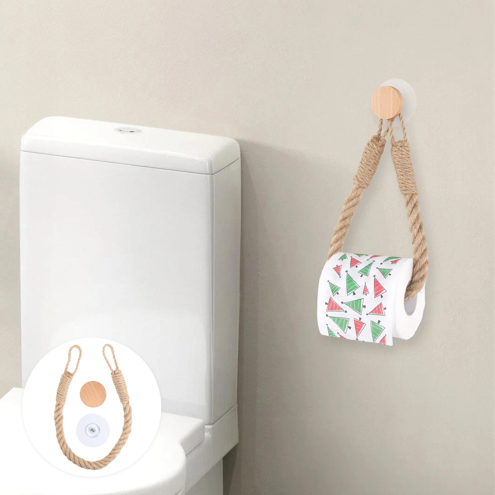 Natural Wood Paper Rack Hanging Wall Hook Retro Hanging Rope Toilet Paper Rack Home Hotel Bathroom Decoration Paper Holder