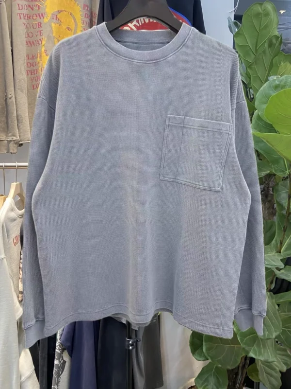 

Футболка с длинным свеком в стиле ретро, американская, свободная, с небольшим воротником, однотонная, хлопковая, повседневная, винтажная, слэ