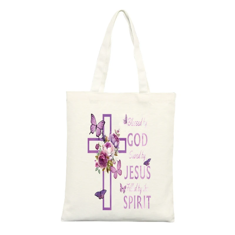 Cross and Floral Canvas Tote Bag with Butterfly and Typography Print, Ideal for Casual Daily Use and Church Outings