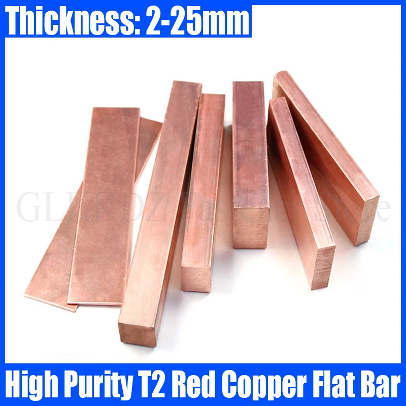 

1PCS T2 Red Copper Flat Bar Strip Thickness 2-25mm 99.96% Pure Copper Plate High Purity Purple Copper Strip DIY CNC Material