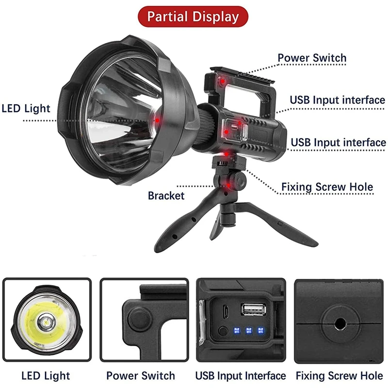 Rechargeable Spotlight Flashlight High Lumens,Led Searchlight With Tripod And USB Output,Handheld Spotlight For Camping