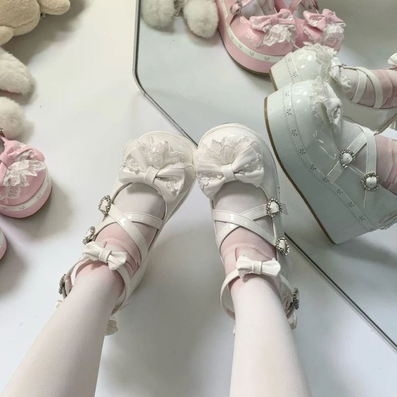 Japanese Kawaii Lolita Shoes Women Sweets Lace Bow Bandage Sponge Cake Shoes Harajuku Y2k Shallow Mouth Single Shoes Mary Jane