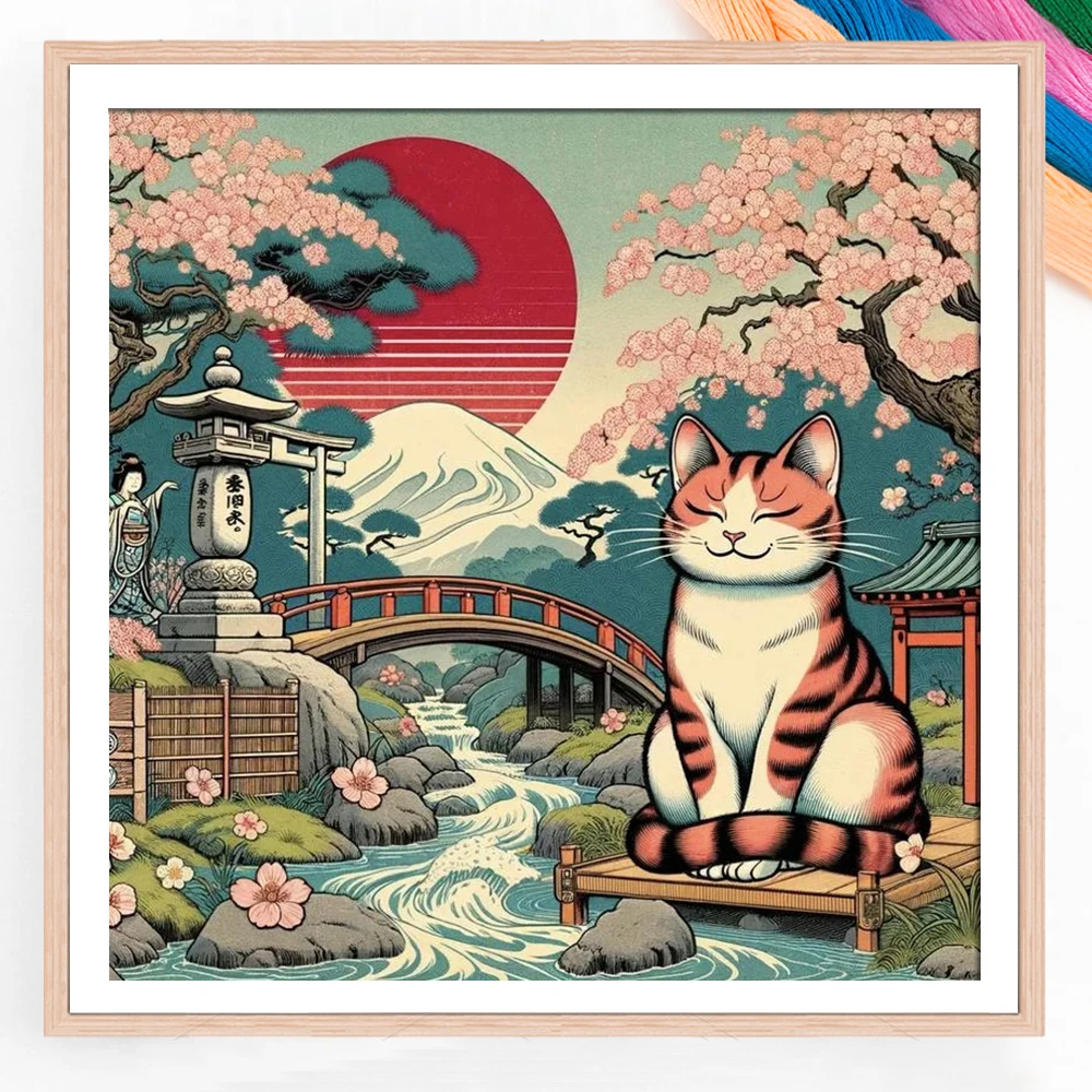 Kreuzstich-Set Katze Sakura Mount Fuji Stickerei-Set Tiermotiv Bedruckte Leinwand 11CT Faden Handarbeit DIY Geschenk Heimdekoration
